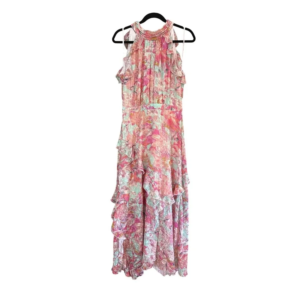 alex marie pink dress Alex Marie Maxi Dress Women Pink Floral Metallic Ruffle Boho SIZE 8